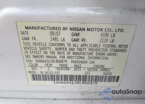 2008 Nissan Maxima 3.5 Sl z USA, uszkodzony, nr VIN 1N4BA41E28C806879